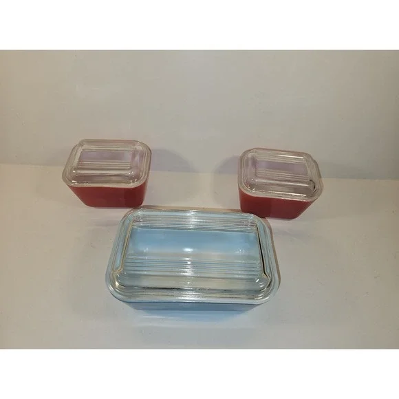 Vintage PYREX Refrigerator Dishes 3 Piece Set W 2 Lids 501, 502 Primary Colors - Picture 2 of 16